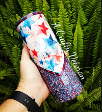 Load image into Gallery viewer, Red, White and Blue V-split- Vinyl &amp; Glitter  tumbler
